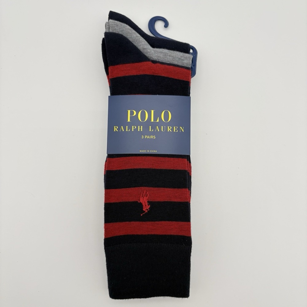 Polo Ralph Lauren Casual Dress Socks 3 Pairs Navy Gray Red Striped 10-13 Crew